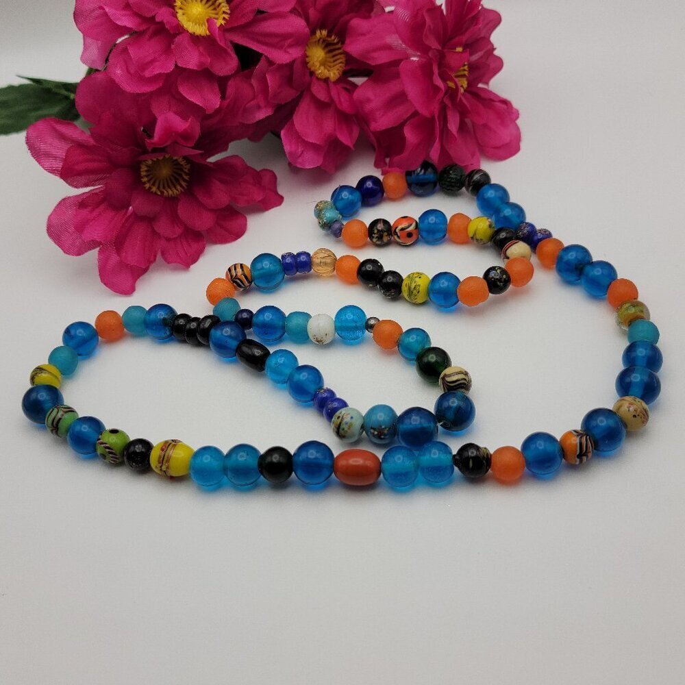 Vintage Multicolor Solid Venetian And Seaglass Beaded Necklace 34" Continuous